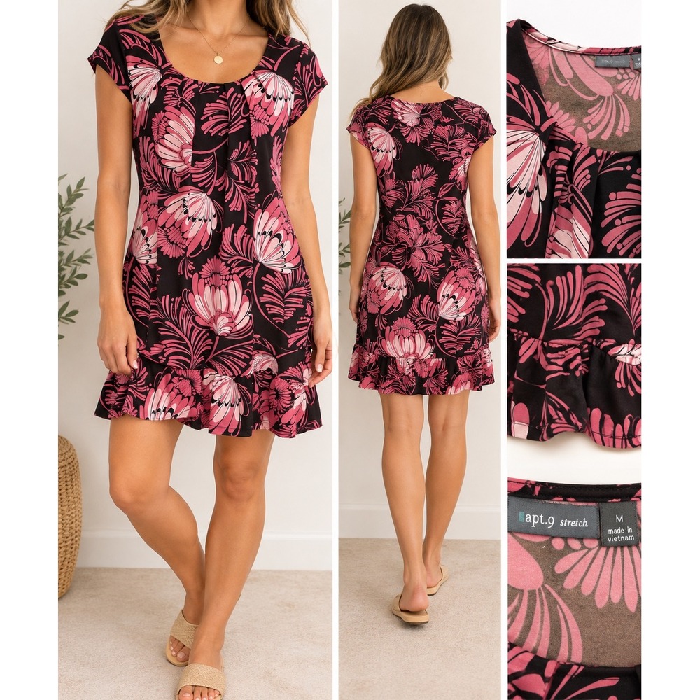 Apt 9 Pink Black Floral Ruffle Hem Pocket Dress Medium Short Sleeve Stretch Mini